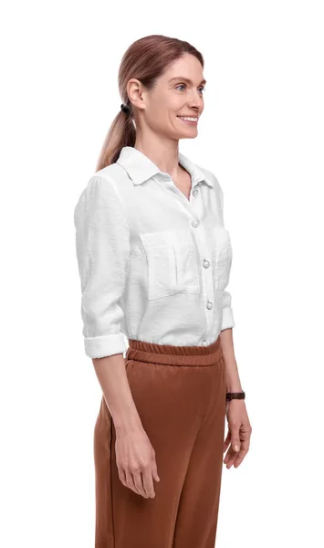 Porträt Der Schönen Glücklichen Geschäftsfrau Auf Weißem Hintergrund — Stockfoto