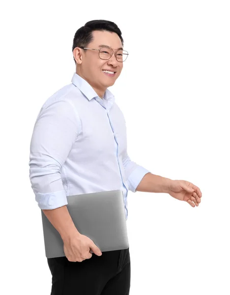 Бізнесмен Формальному Одязі Ноутбуком Білому Тлі — стокове фото