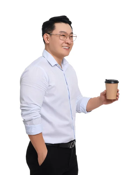Geschäftsmann Formeller Kleidung Mit Einer Tasse Getränk Auf Weißem Hintergrund — Stockfoto