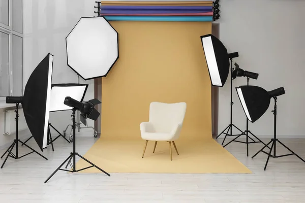 Interior Modern Photo Studio Armchair Professional Lighting Equipment — Zdjęcie stockowe