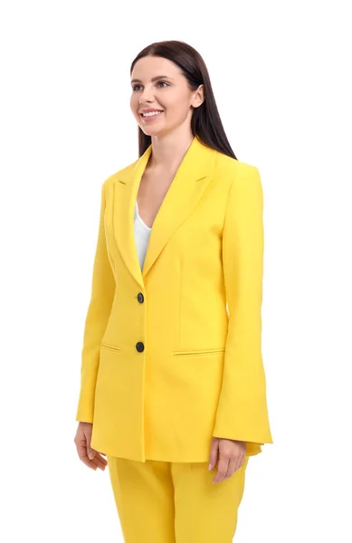 Mulher Negócios Feliz Bonita Terno Amarelo Fundo Branco — Fotografia de Stock