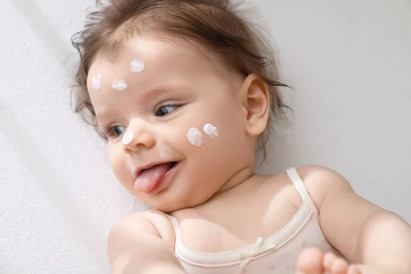 Cute Little Baby Cream Face Comfortable Crib Top View — Stock Photo, Image