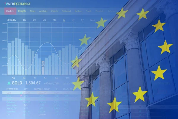 Stock exchange. Multiple exposure with European flag, building, trading data and graph