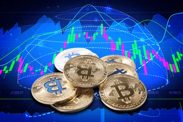 Kryptowährungshandel Stapel Von Bitcoins Und Digitalen Graphen — Stockfoto