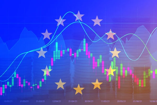 Stock exchange. Multiple exposure with European flag, coins, and trading graphs