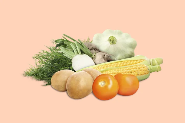 Many Different Fresh Vegetables Dill Beige Background — Stock Photo, Image