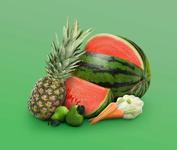 Świeże Owoce Warzywa Zielonym Tle Gradientowym — Zdjęcie stockowe