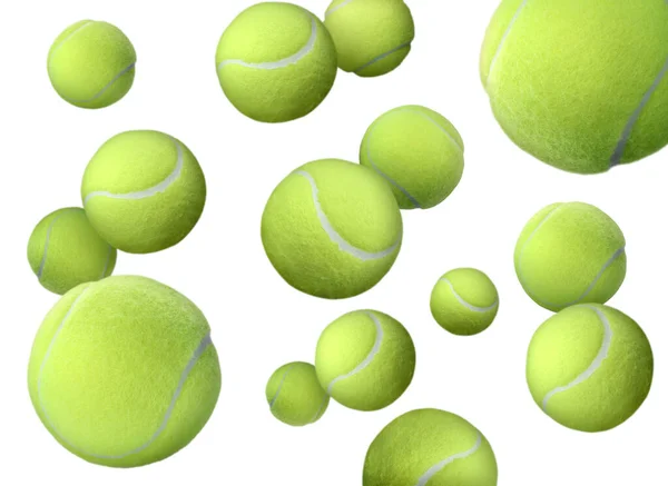 Veel Tennisballen Vallen Witte Achtergrond — Stockfoto