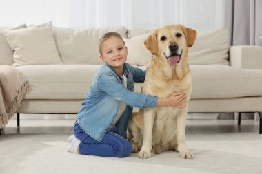 Evde Labrador Retriever 'ına sarılan sevimli çocuk. Sevimli hayvan.