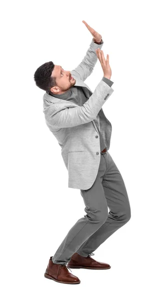 Emotionaler Bärtiger Geschäftsmann Anzug Weicht Etwas Auf Weißem Hintergrund Aus — Stockfoto