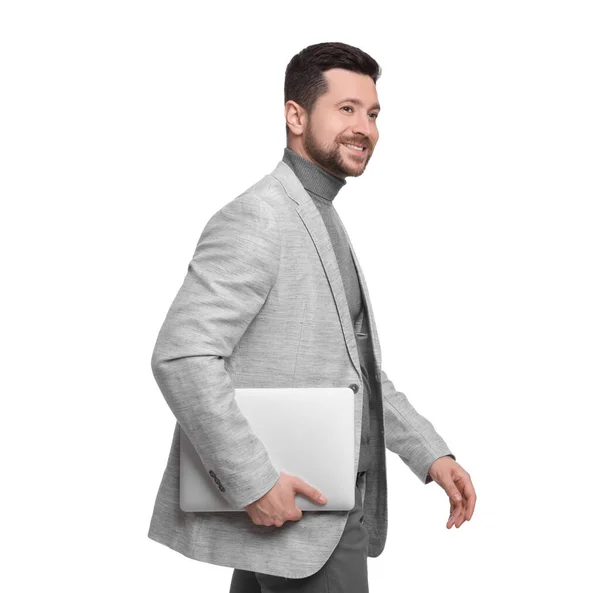 Schöner Bärtiger Geschäftsmann Mit Tablet Auf Weißem Hintergrund — Stockfoto