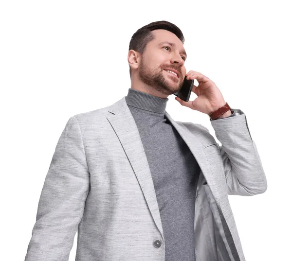Bonito Empresário Barbudo Falando Smartphone Contra Fundo Branco Visão Baixo — Fotografia de Stock