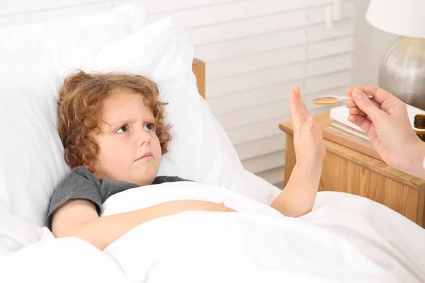 Son Refusing Take Cough Syrup His Mother Bedroom — Stock Photo, Image