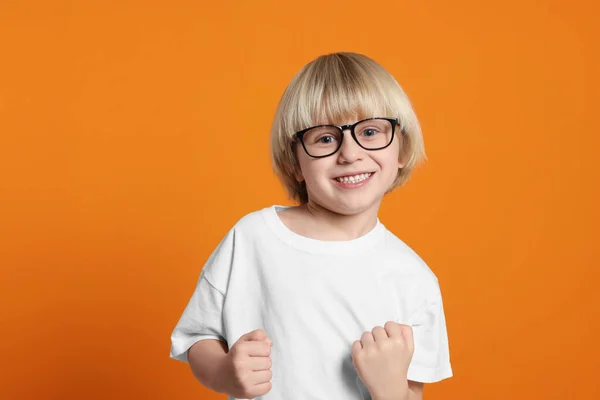 Cute Little Boy Wearing Glasses Orange Background — Photo