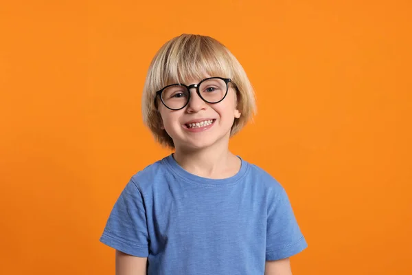 Cute Little Boy Wearing Glasses Orange Background — Stockfoto