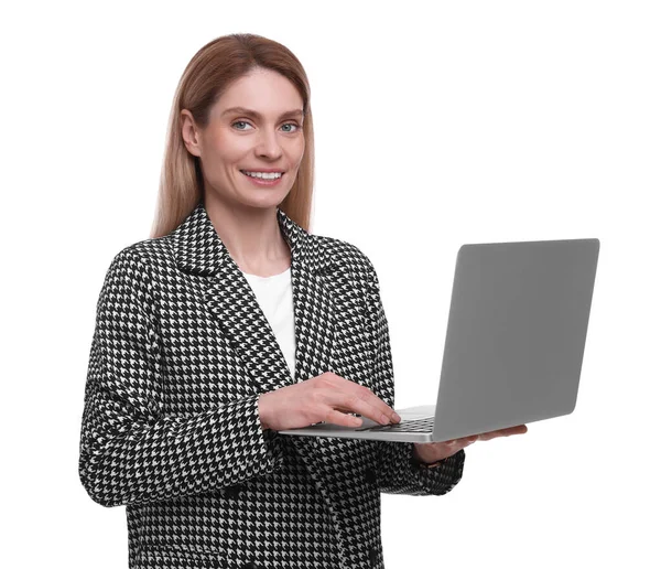 Piękny Szczęśliwy Businesswoman Pomocą Laptopa Białym Tle — Zdjęcie stockowe