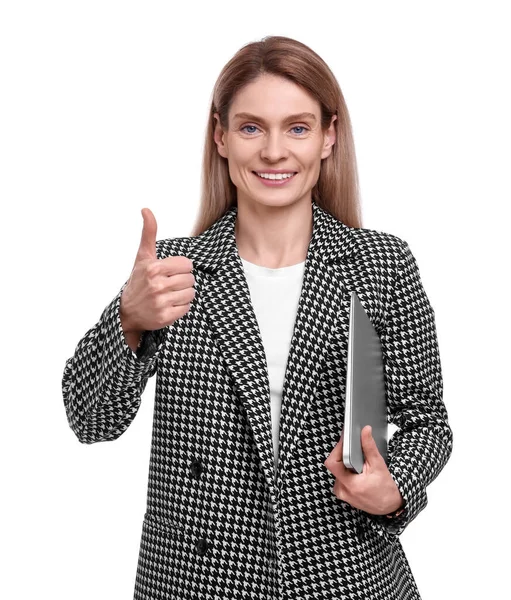 Schöne Glückliche Geschäftsfrau Mit Laptop Zeigt Daumen Nach Oben Auf — Stockfoto