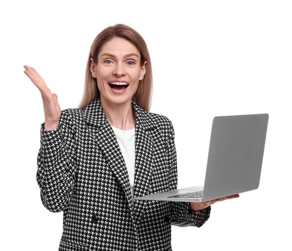 Beautiful Excited Businesswoman Laptop White Background — Stock Photo, Image