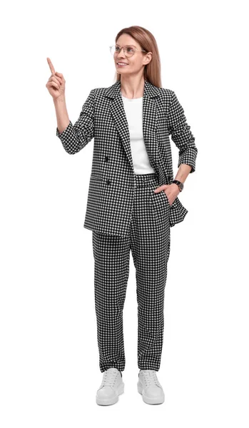 Beautiful Happy Businesswoman Suit Pointing Something White Background — Stock Photo, Image