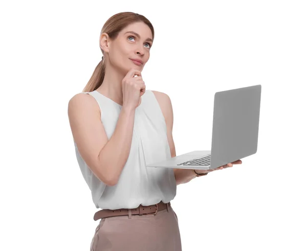 Piękna Uśmiechnięta Bizneswoman Laptopem Białym Tle — Zdjęcie stockowe