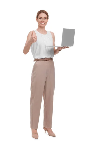 Красива Щаслива Бізнес Леді Ноутбуком Показує Великий Палець Білому Тлі — стокове фото