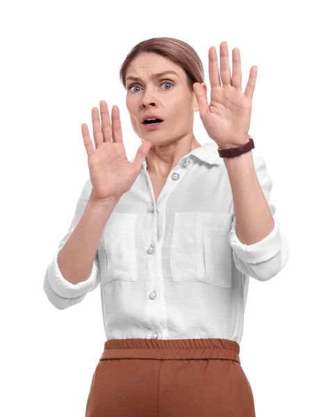 Schöne Emotionale Geschäftsfrau Vermeidet Etwas Auf Weißem Hintergrund — Stockfoto