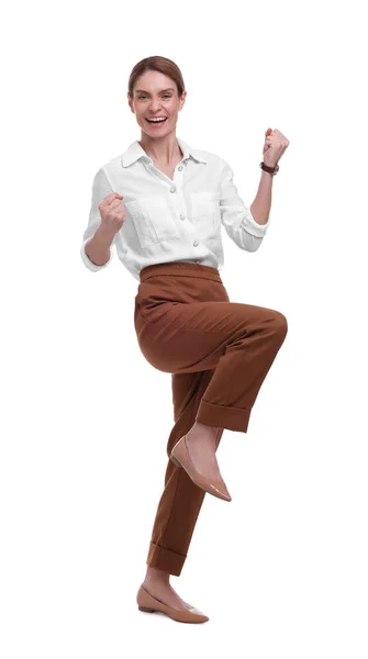 Schöne Aufgeregte Geschäftsfrau Posiert Auf Weißem Hintergrund — Stockfoto