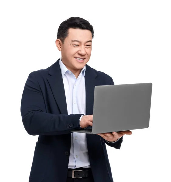 Zakenman Pak Met Laptop Witte Achtergrond — Stockfoto