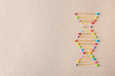 Bej arka planda DNA moleküler zinciri modeli, üst görünüm. Metin için boşluk