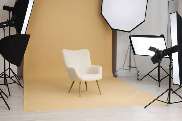 Interior Modern Photo Studio Armchair Professional Lighting Equipment — Fotografia de Stock