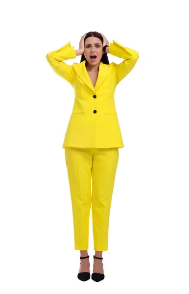 Schöne Geschäftsfrau Gelben Anzug Auf Weißem Hintergrund — Stockfoto