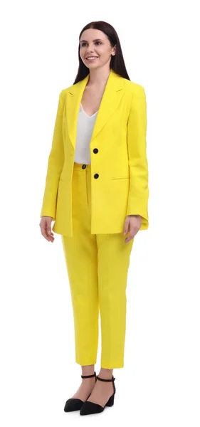 Krásná Šťastná Podnikatelka Žlutém Obleku Bílém Pozadí — Stock fotografie