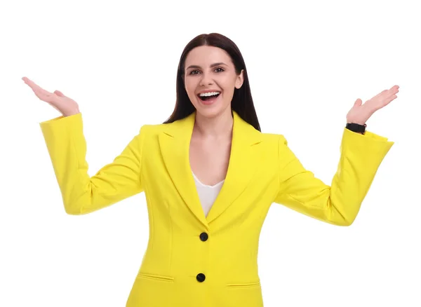 Piękny Szczęśliwy Businesswoman Żółtym Garniturze Białym Tle — Zdjęcie stockowe