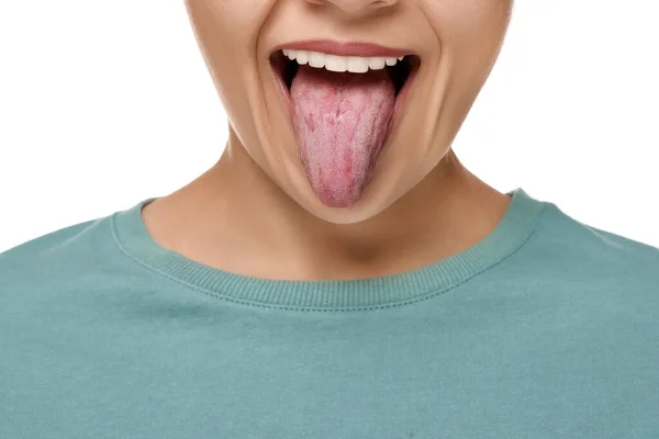 Happy Young Woman Showing Her Tongue White Background Closeup — Stock Photo, Image