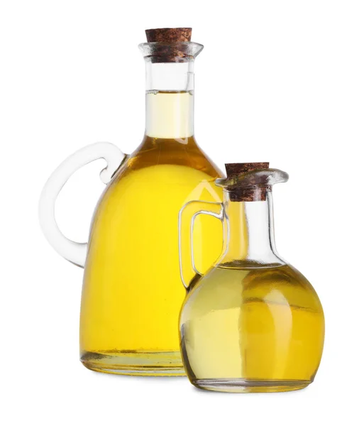 Glass Jugs Cooking Oil White Background — Stock Photo, Image
