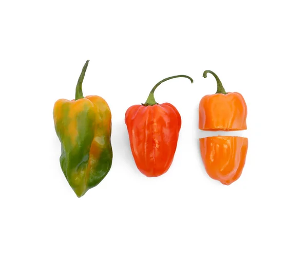 Different Hot Chili Peppers White Background Flat Lay — Stock Photo, Image