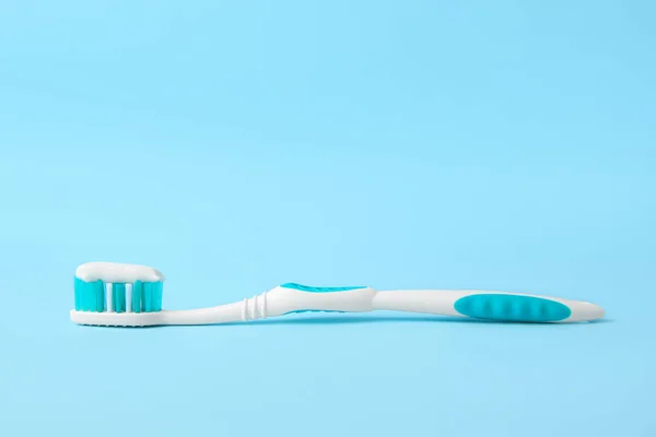 Brush Toothpaste Light Blue Background Space Text — Stock Photo, Image