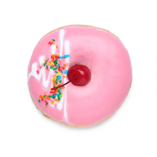 Leckere Glasierte Donut Mit Streusel Und Kirsche Isoliert Auf Weiß — Stockfoto