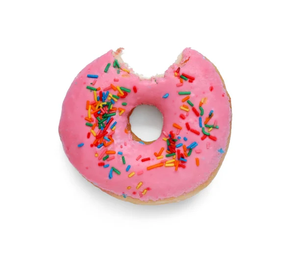Doce Mordido Donut Vidrado Fundo Branco Vista Superior — Fotografia de Stock