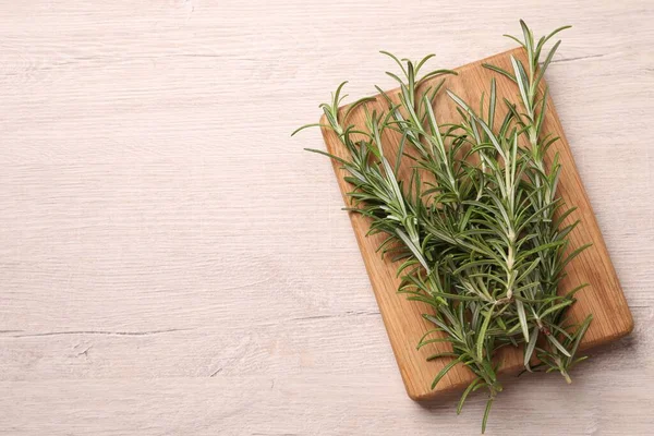 Sprigs Fresh Rosemary White Wooden Table Top View Space Text — Stock Photo, Image