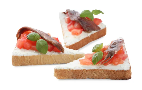 Läckra Smörgåsar Med Färskost Ansjovis Tomater Och Basilika Vit Bakgrund — Stockfoto