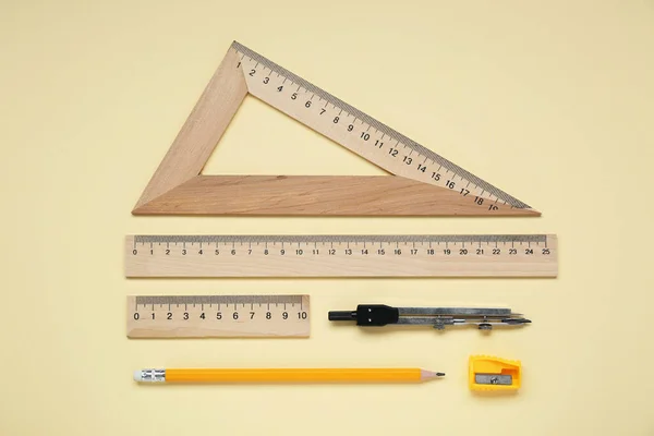 Flat Lay Composition Different Rulers Compass Yellow Background — Foto Stock