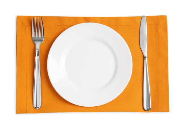 Empty Plate Fork Knife White Background Top View — Stock Photo, Image