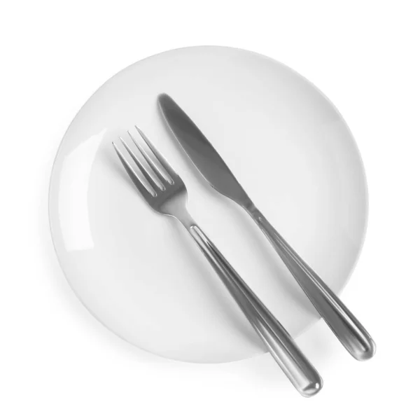 Πιάτο Κεραμικό Πιρούνι Και Μαχαίρι Λευκό Φόντο Πάνω Όψη — Φωτογραφία Αρχείου
