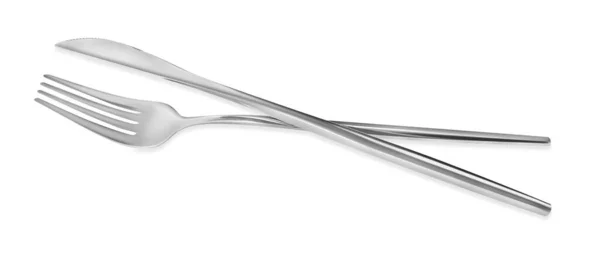 Fork Knife Isolated White Stylish Shiny Cutlery Set — Fotografia de Stock