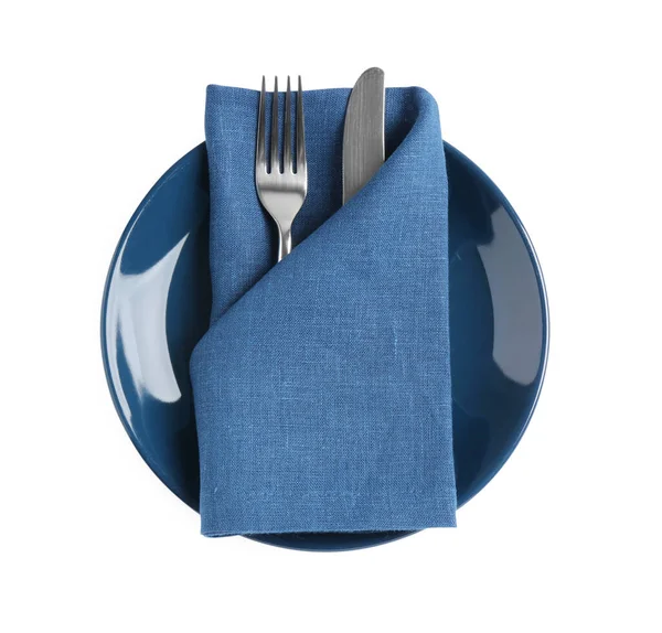 Placa Azul Tenedor Cuchillo Sobre Fondo Blanco Vista Superior — Foto de Stock