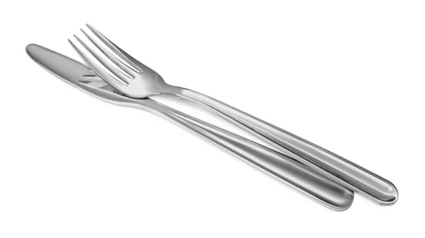 Fork Knife Isolated White Stylish Shiny Cutlery Set — Stok fotoğraf