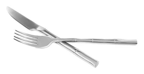Fork Knife Isolated White Stylish Shiny Cutlery Set —  Fotos de Stock