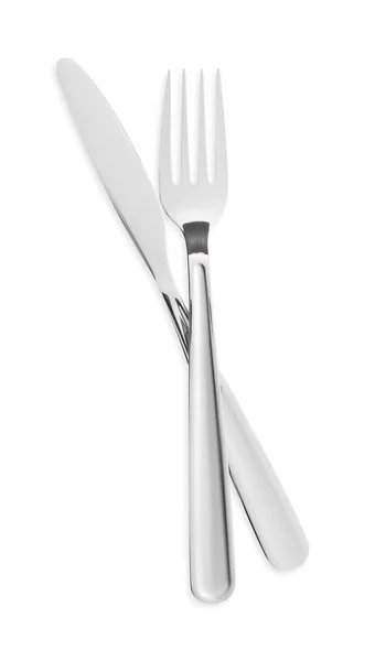 叉和刀隔离在白色 顶部视图 时尚闪亮的餐具套装 — 图库照片
