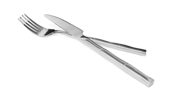 叉子和刀隔离在白色上 时尚闪亮的餐具套装 — 图库照片